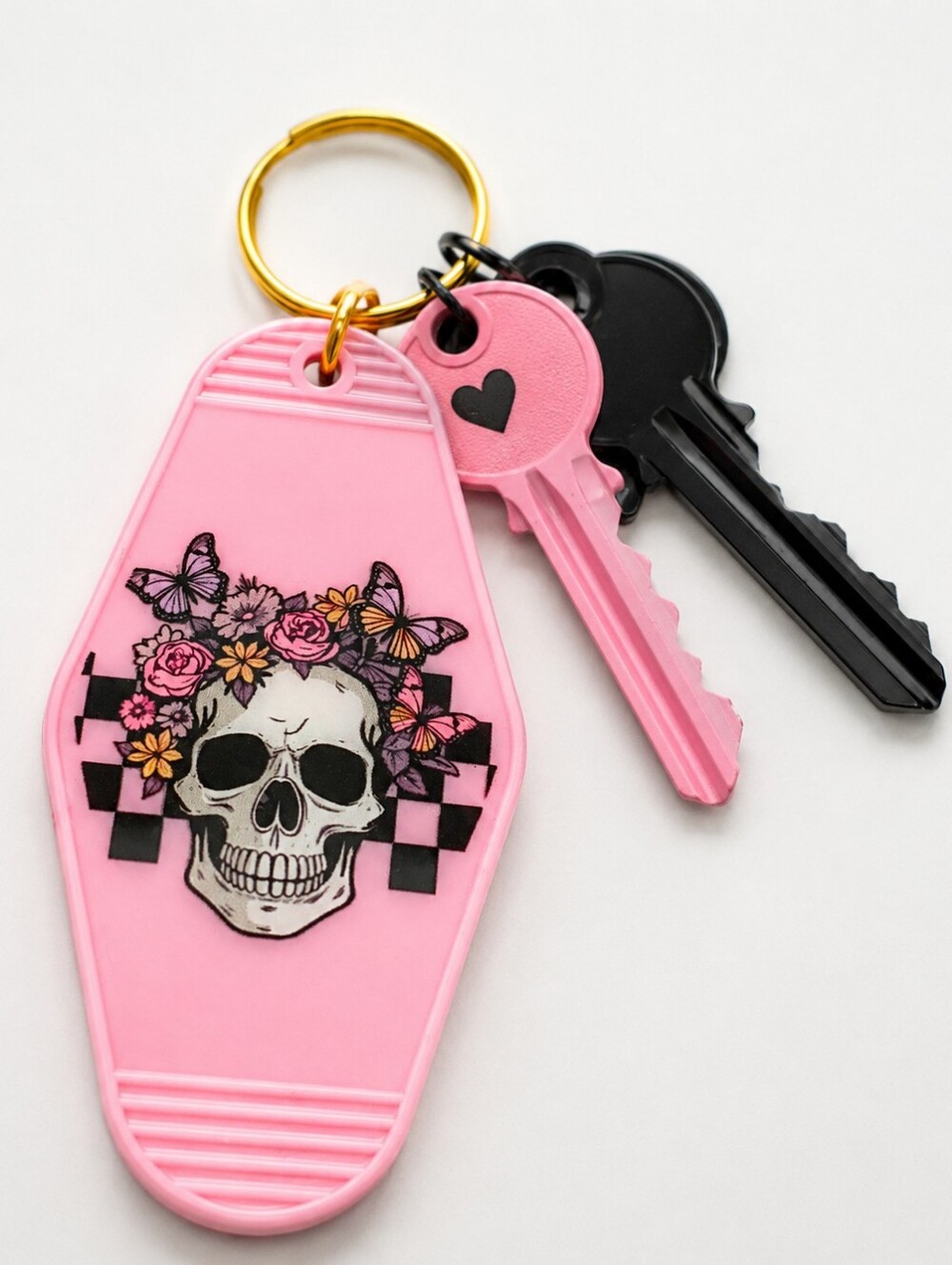 Pink Skull Floral Motel Keychain Handmade Goth Butterfly Resin Charm
